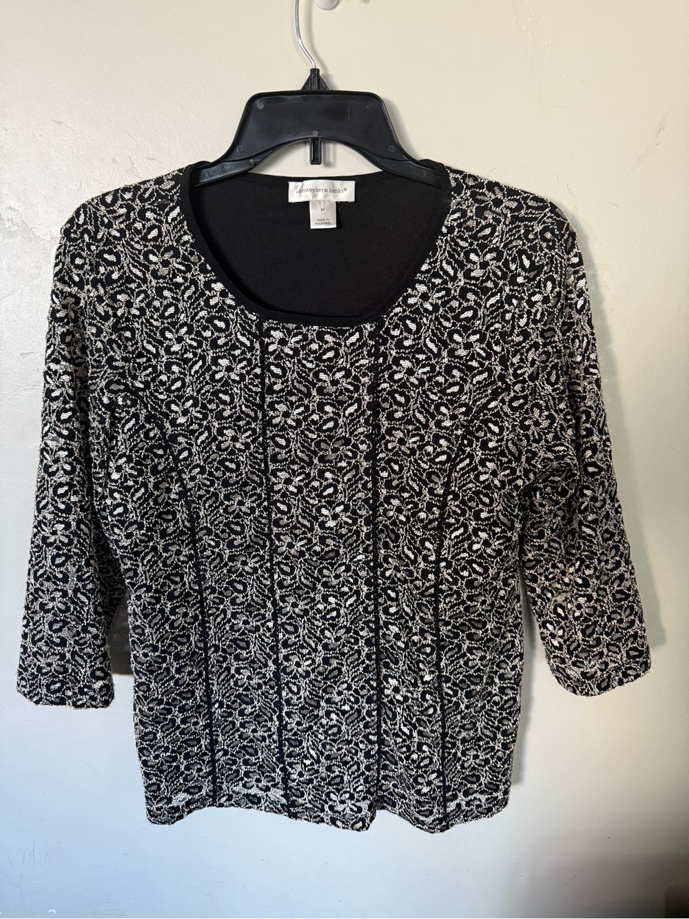 Christopher & Banks Black and White Patterned Scoop Neck Knit Top